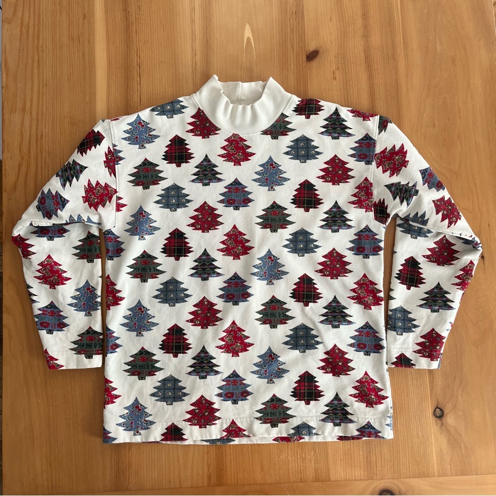 Vintage Talbots Petites Mock Neck Christmas Tree Sweatshirt PM Made in Hong Kong